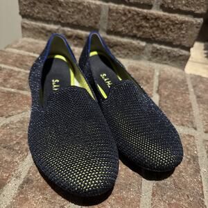 Rothys The Loafer Metallic Lattice Navy Blue Flats Size 9.5